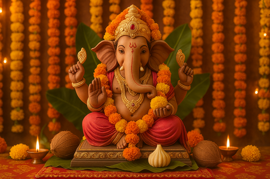 Beautiful Lord Ganesha idol decorated for Vinayaka Chaturthi with flowers and traditional items